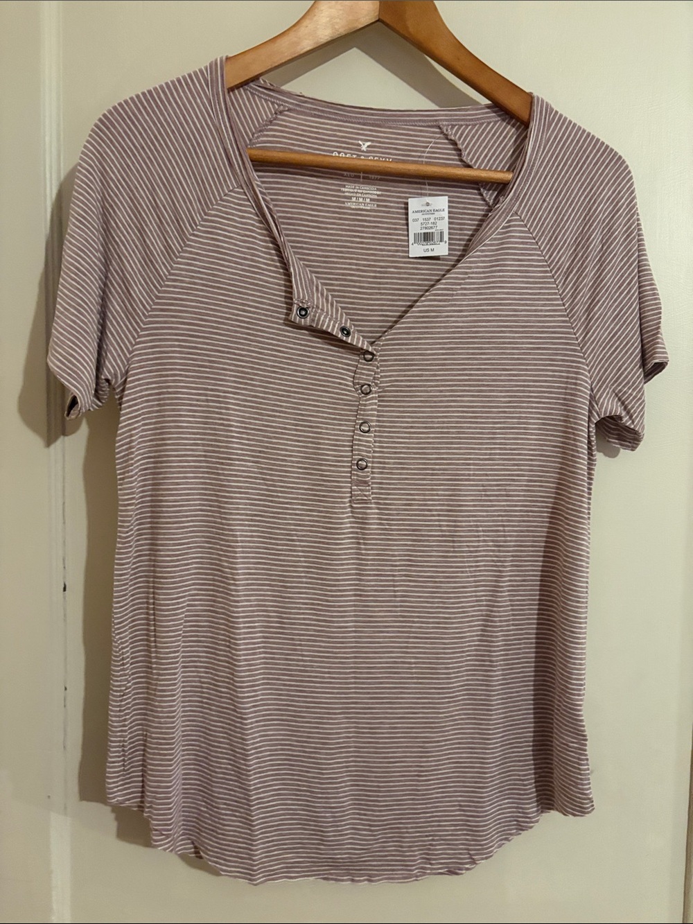 American Eagle Outfitters Purple and White Striped Henley Tee
